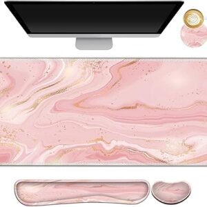 Extended Gaming Mouse Pad Set – XXL Desk Mat with Wrist Rests & Coaster, Pink Gold Marble Design