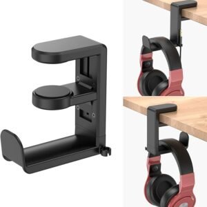 Rotating Headphone Stand – Adjustable Clamp-on Under Desk Hanger with 360° Swivel & Cable Clip Organizer